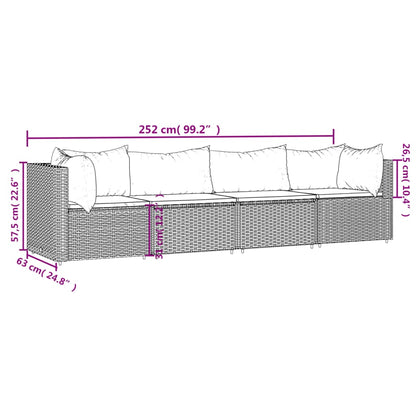 4-tlg. Garten-Lounge-Set mit Kissen Schwarz Poly Rattan