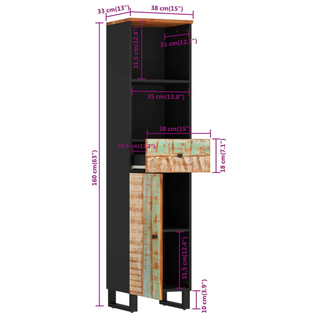 Bathroom cabinet 38x33x160 cm reclaimed wood solid wood