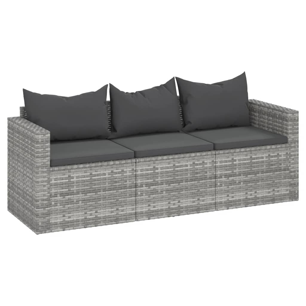 Gartensofa 3-Sitzer mit Kissen Grau Poly Rattan