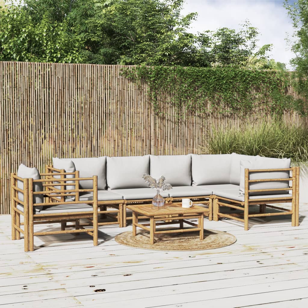 7-tlg. Garten-Lounge-Set mit Hellgrauen Kissen Bambus