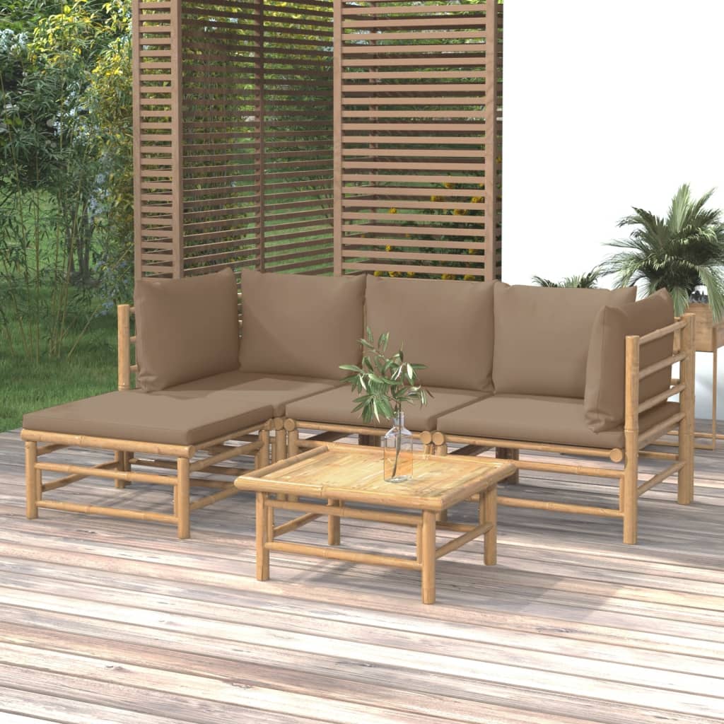 5-tlg. Garten-Lounge-Set mit Kissen Taupe Bambus