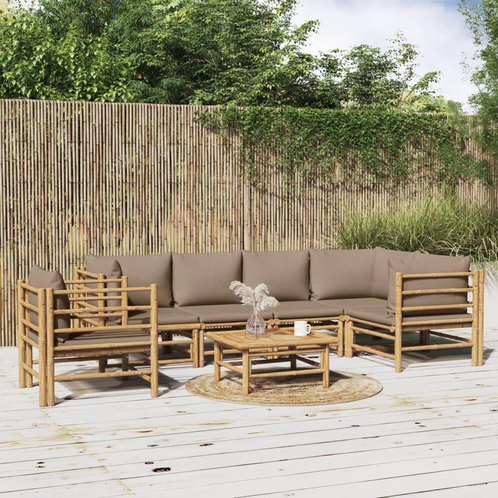 7-tlg. Garten-Lounge-Set mit Taupe Kissen Bambus