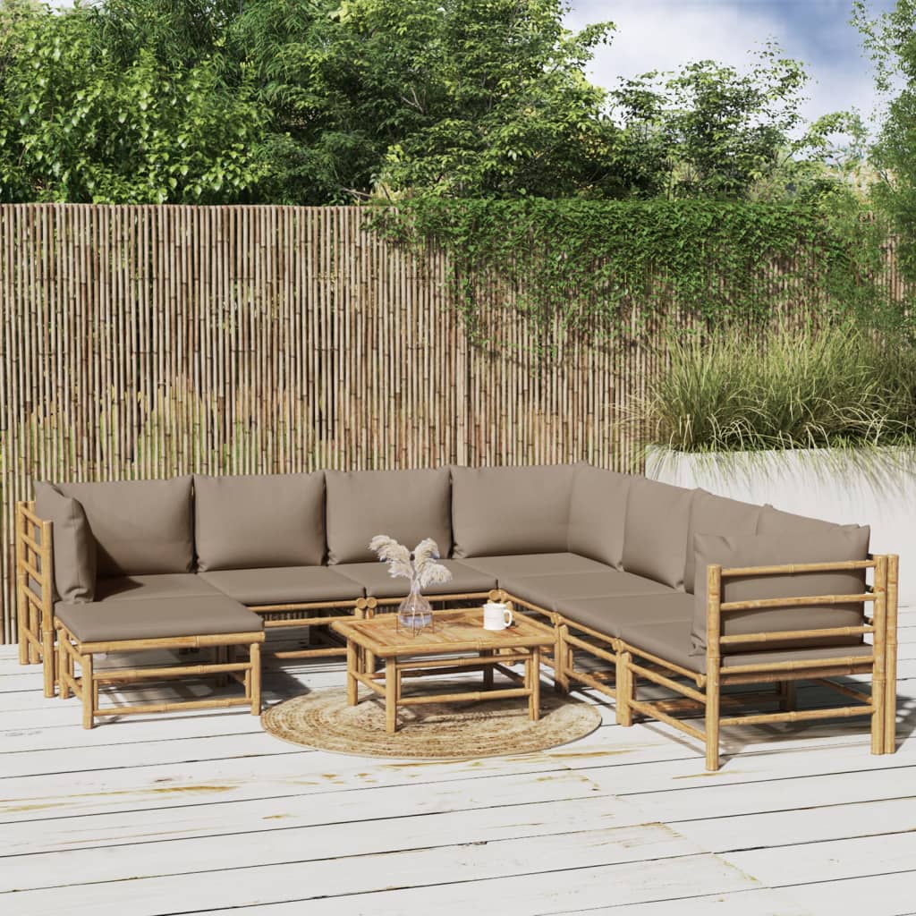 9-tlg. Garten-Lounge-Set mit Kissen Taupe Bambus