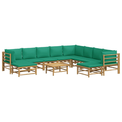 11-tlg. Garten-Lounge-Set mit Grünen Kissen Bambus