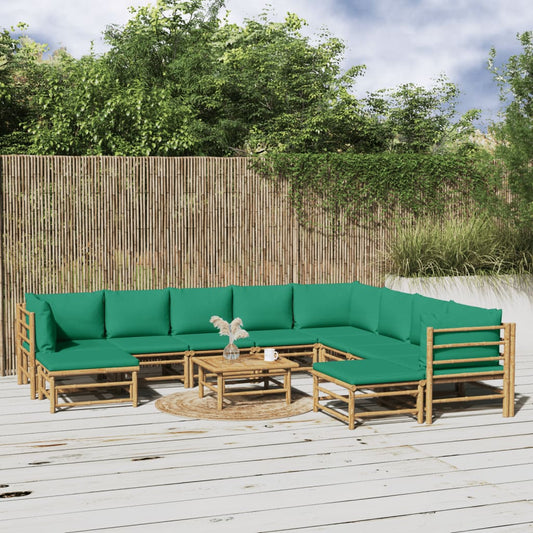 11-tlg. Garten-Lounge-Set mit Grünen Kissen Bambus