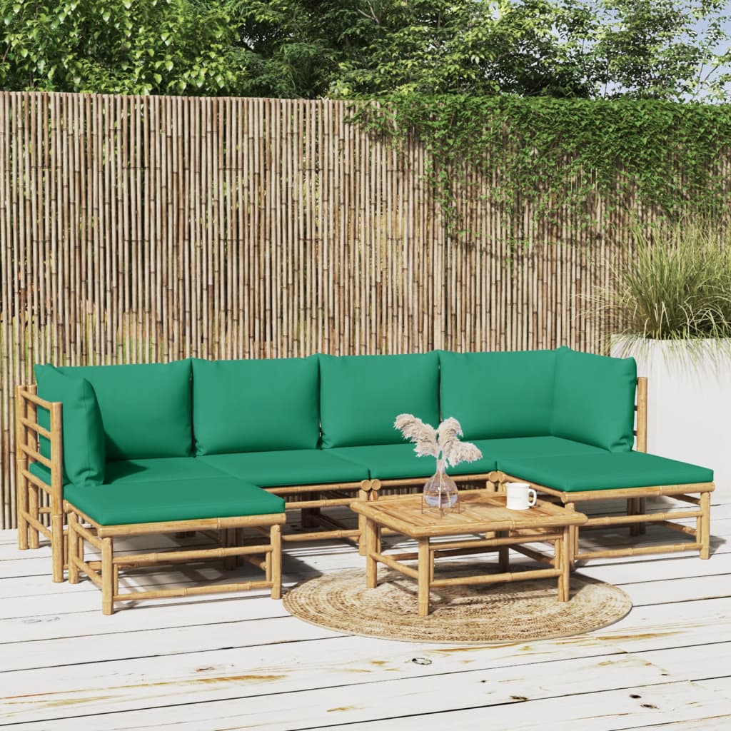 7-tlg. Garten-Lounge-Set mit Grünen Kissen Bambus