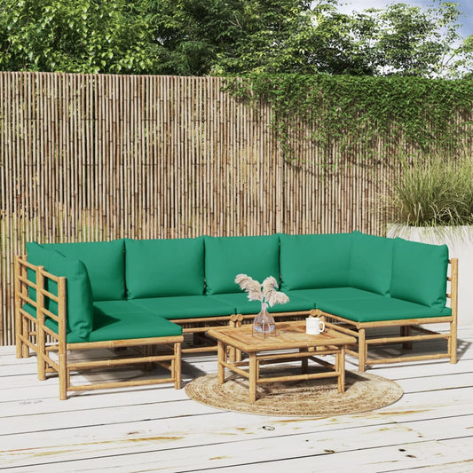 7-tlg. Garten-Lounge-Set mit Grünen Kissen Bambus