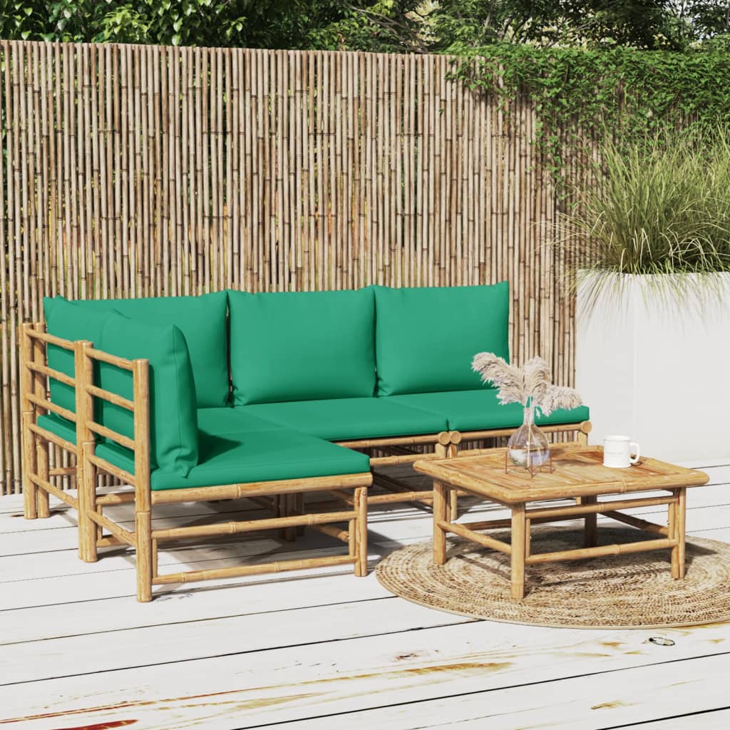 5-tlg. Garten-Lounge-Set mit Grünen Kissen Bambus