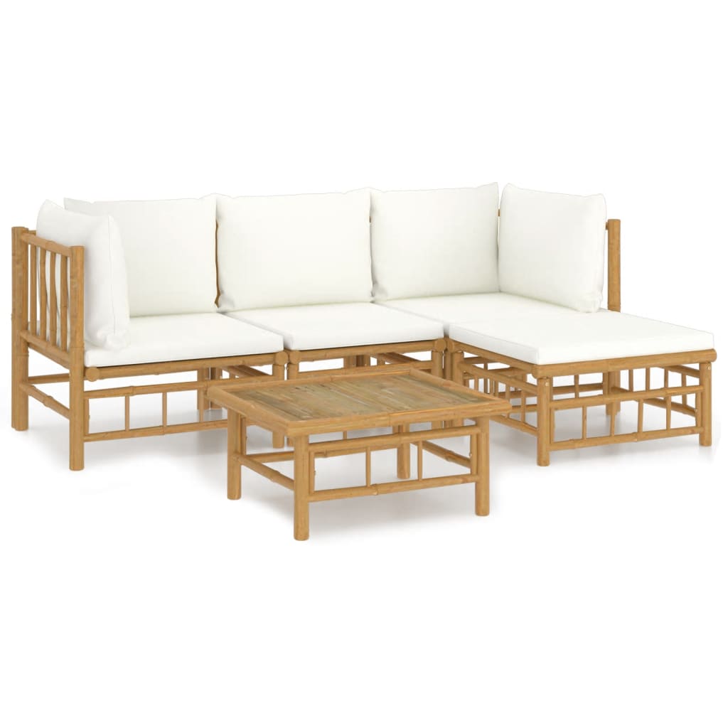 5-tlg. Garten-Lounge-Set mit Cremeweißen Kissen Bambus