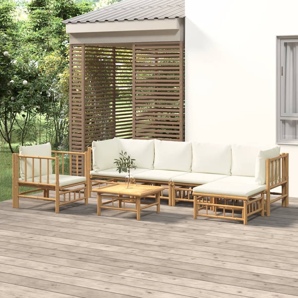 7-tlg. Garten-Lounge-Set mit Cremeweißen Kissen Bambus