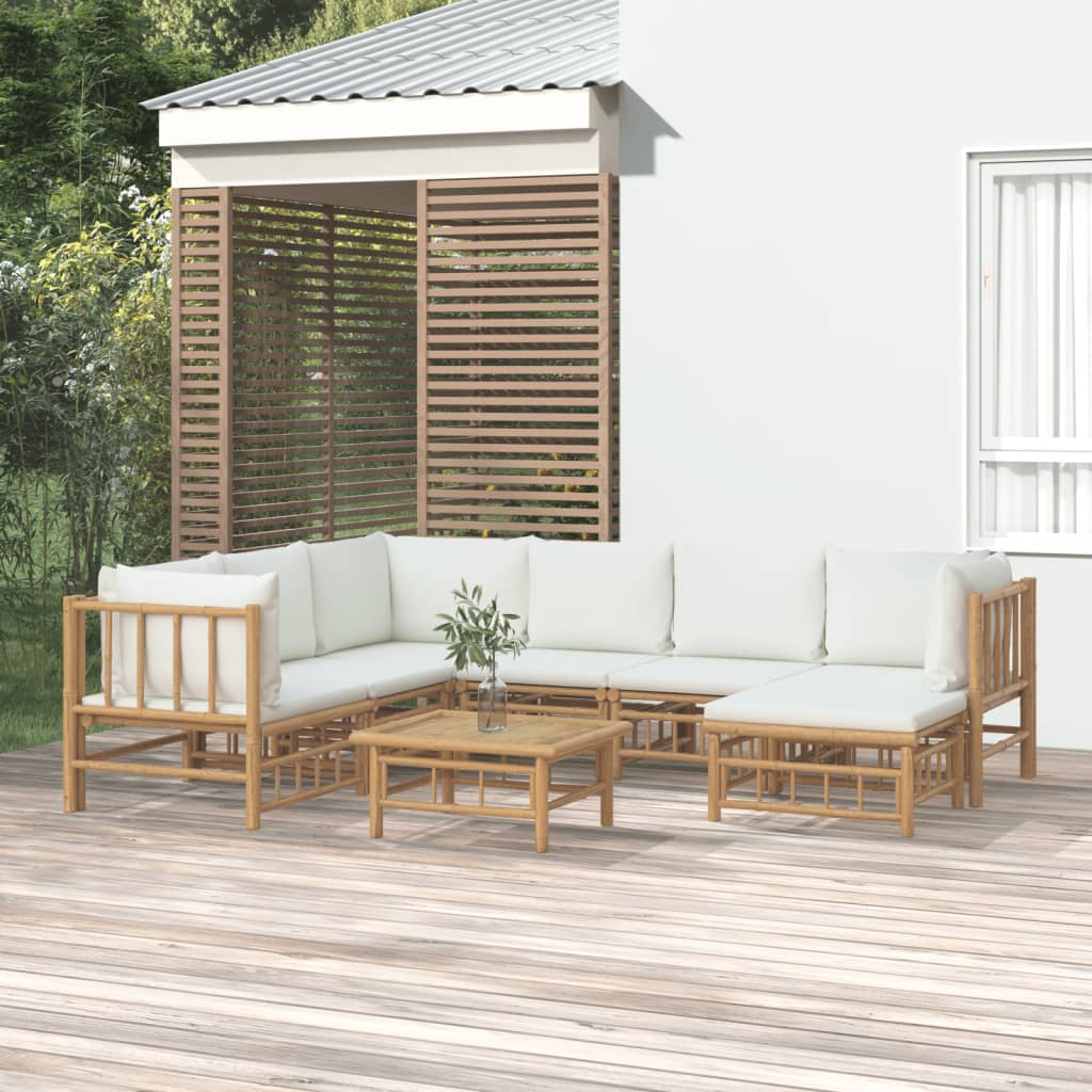 8-tlg. Garten-Lounge-Set mit Cremeweißen Kissen Bambus