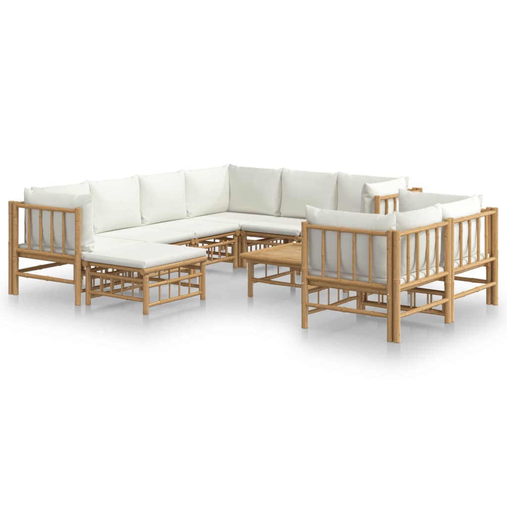 10-tlg. Garten-Lounge-Set mit Cremeweißen Kissen Bambus