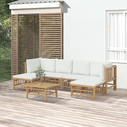 7-tlg. Garten-Lounge-Set mit Cremeweißen Kissen Bambus