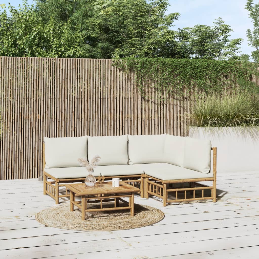 5-tlg. Garten-Lounge-Set mit Cremeweißen Kissen Bambus