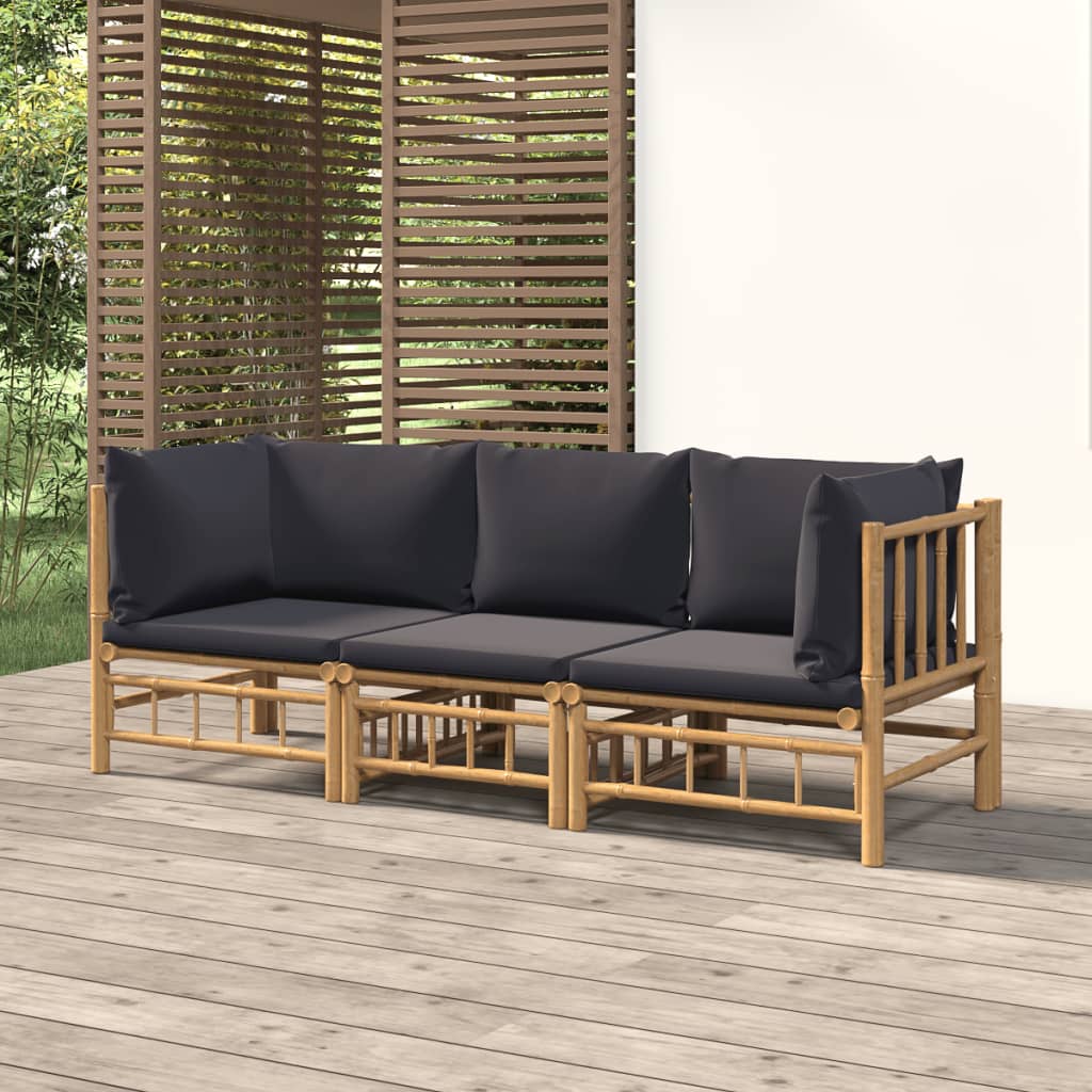 3-tlg. Garten-Lounge-Set mit Dunkelgrauen Kissen Bambus