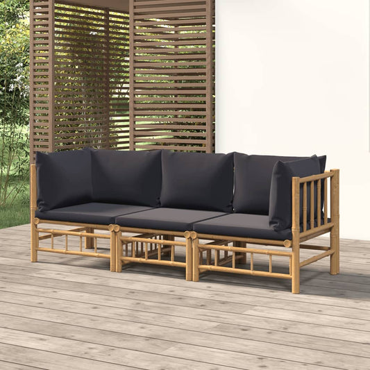 3-tlg. Garten-Lounge-Set mit Dunkelgrauen Kissen Bambus