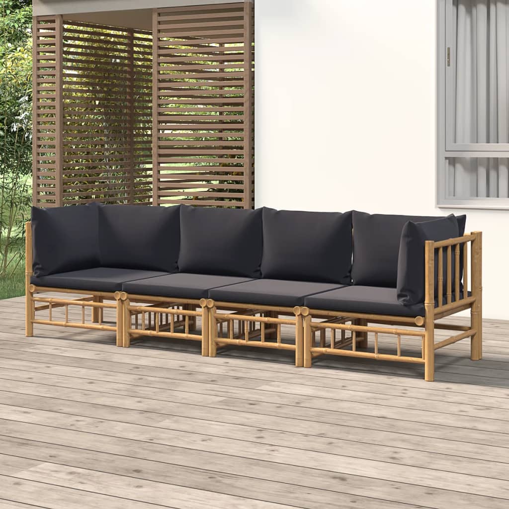 4-tlg. Garten-Lounge-Set mit Dunkelgrauen Kissen Bambus