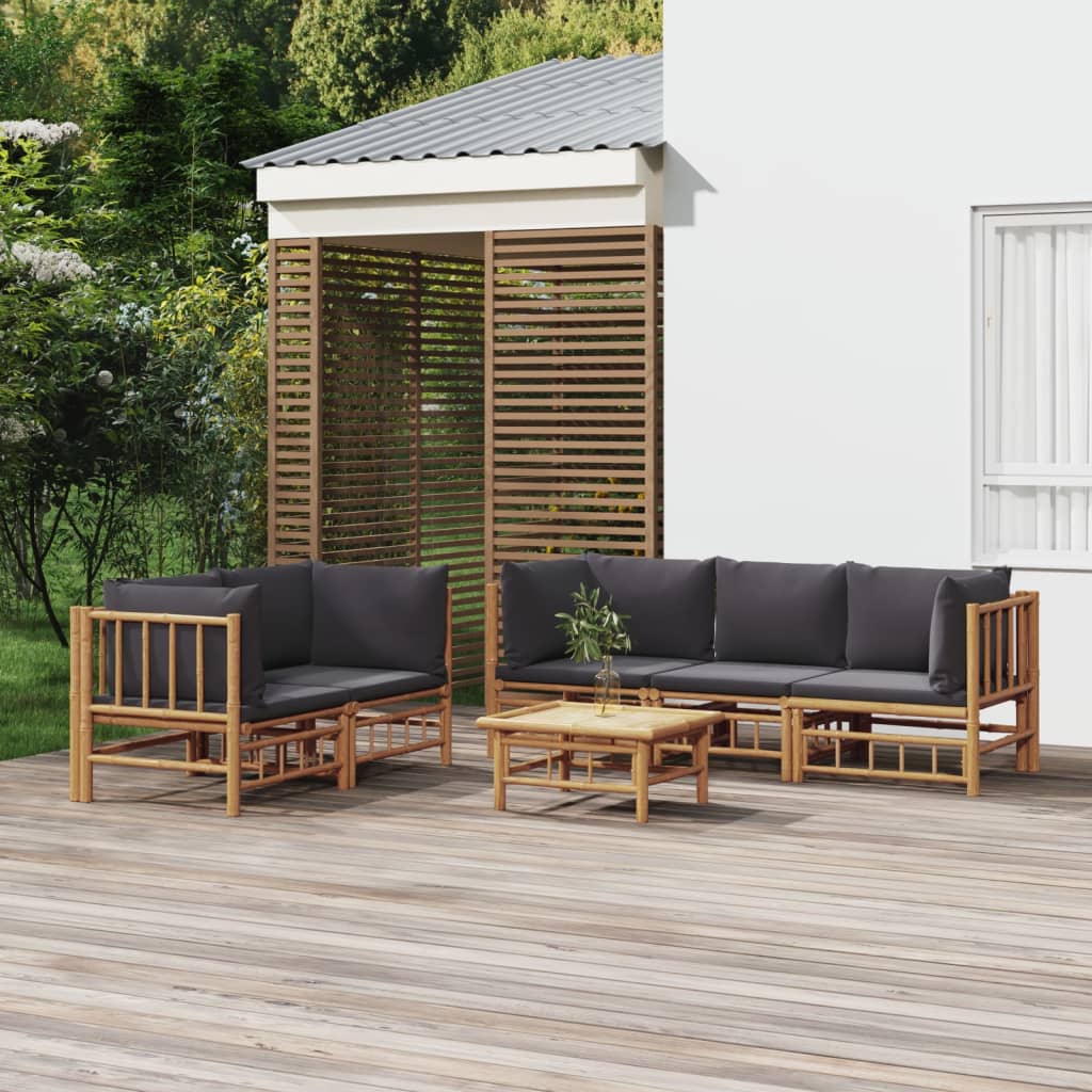 6-tlg. Garten-Lounge-Set mit Dunkelgrauen Kissen Bambus