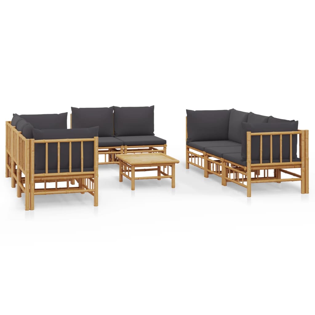 9-tlg. Garten-Lounge-Set mit Dunkelgrauen Kissen Bambus