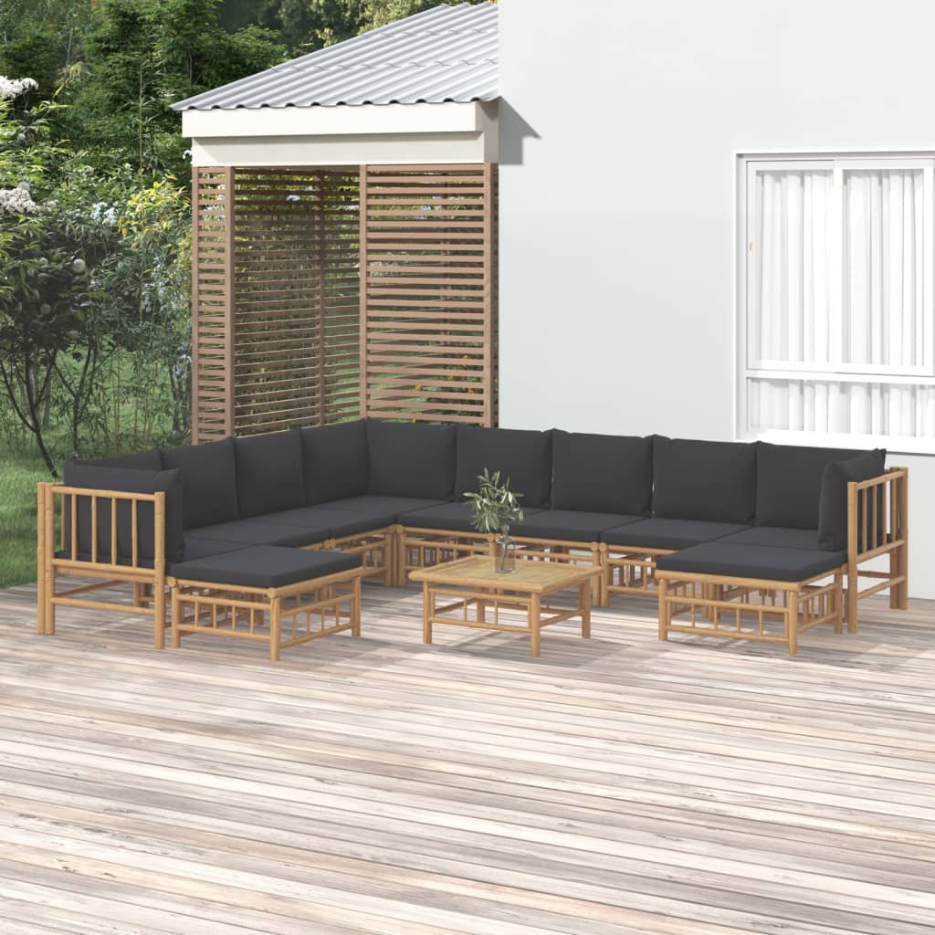 11-tlg. Garten-Lounge-Set mit Dunkelgrauen Kissen Bambus