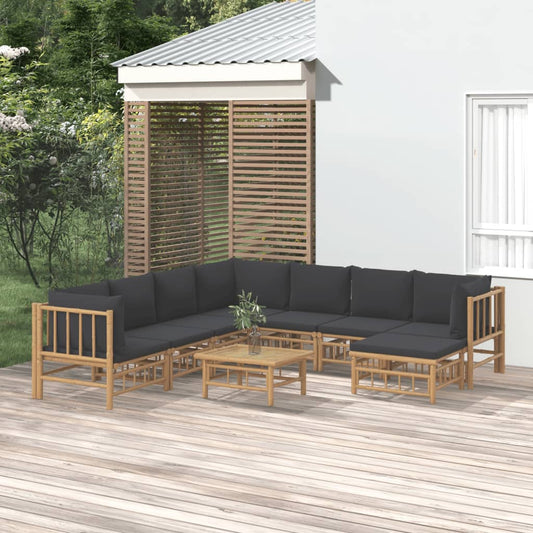 9-tlg. Garten-Lounge-Set mit Dunkelgrauen Kissen Bambus