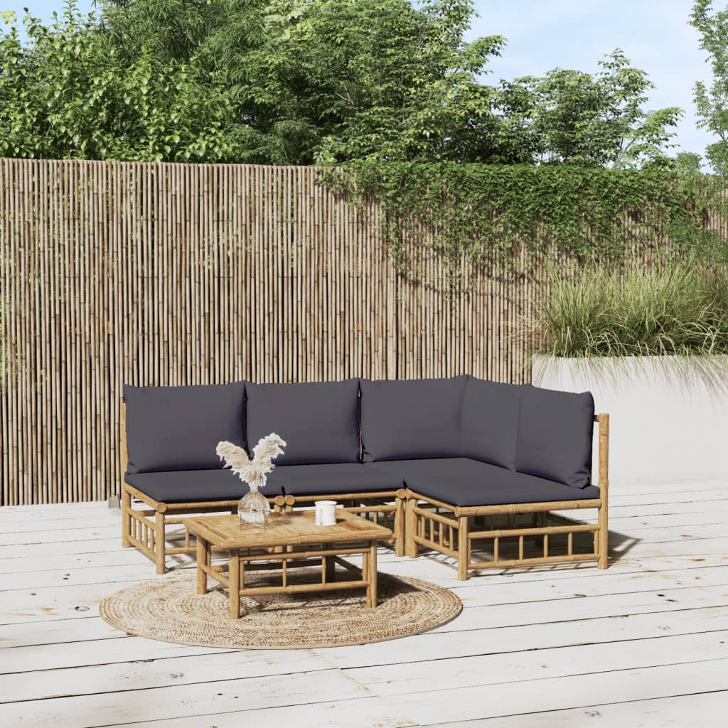 5-tlg. Garten-Lounge-Set mit Dunkelgrauen Kissen Bambus