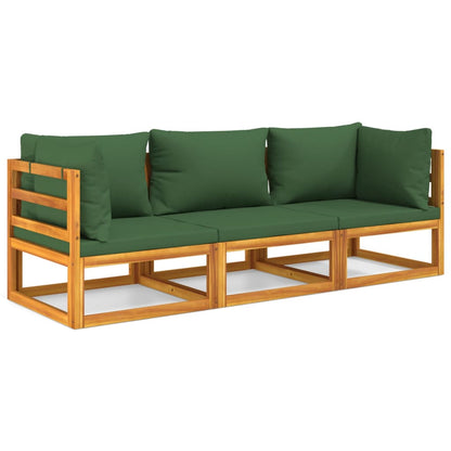 3-tlg. Garten-Lounge-Set mit Grünen Kissen Massivholz