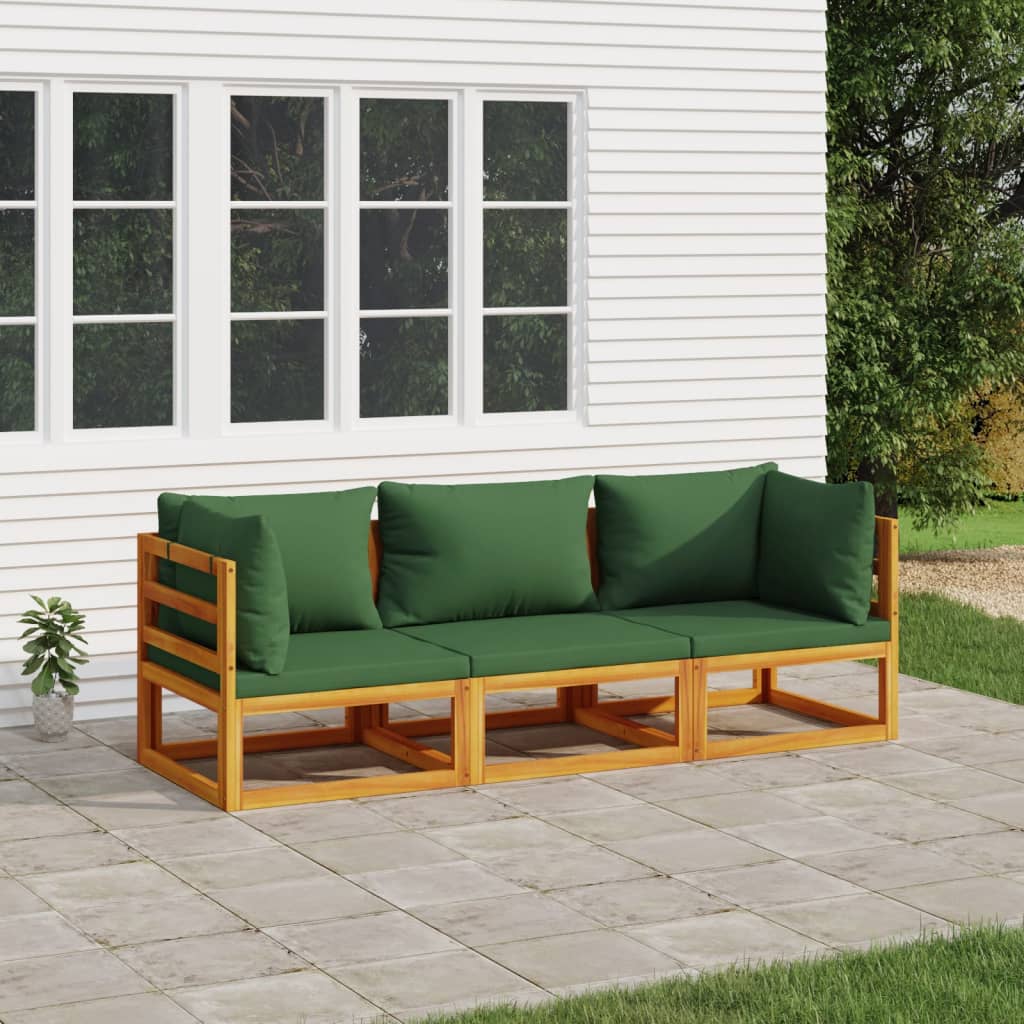 3-tlg. Garten-Lounge-Set mit Grünen Kissen Massivholz