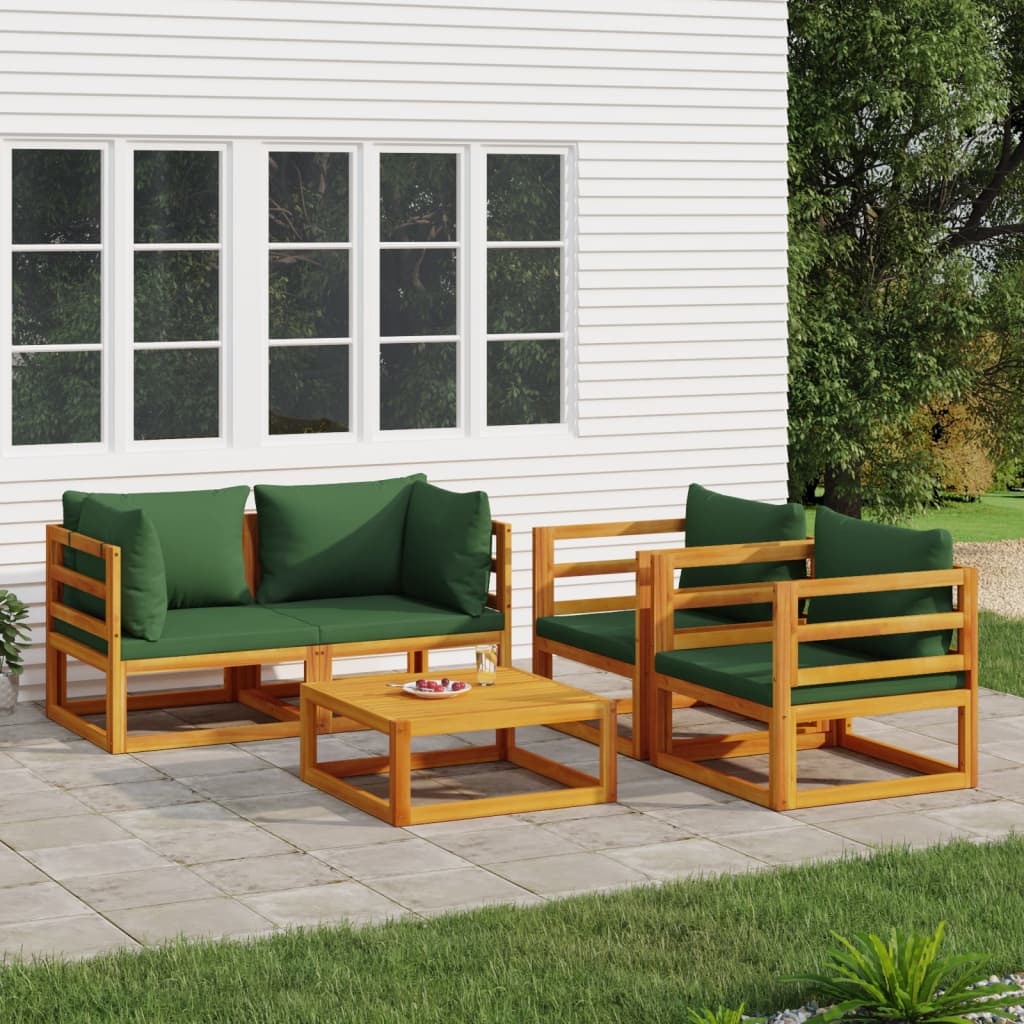 5-tlg. Garten-Lounge-Set mit Grünen Kissen Massivholz