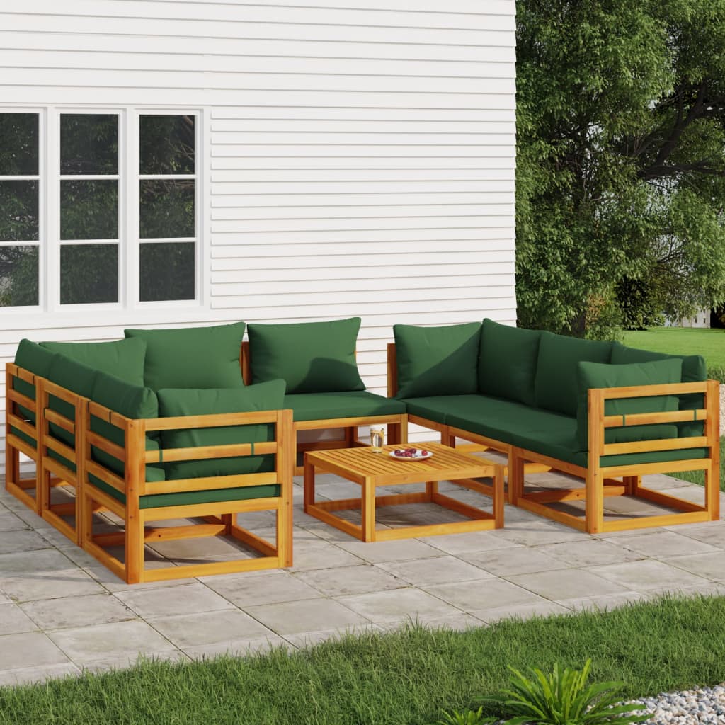 9-tlg. Garten-Lounge-Set mit Grünen Kissen Massivholz