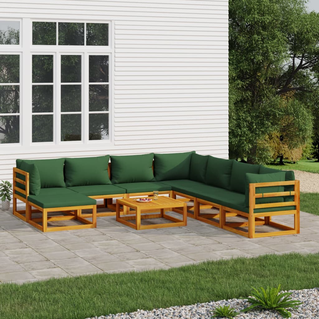 9-tlg. Garten-Lounge-Set mit Grünen Kissen Massivholz