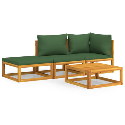 4-tlg. Garten-Lounge-Set mit Grünen Kissen Massivholz