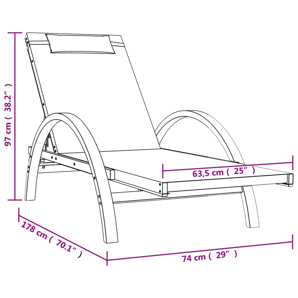 Sun lounger with cushion grey textilene and solid poplar wood