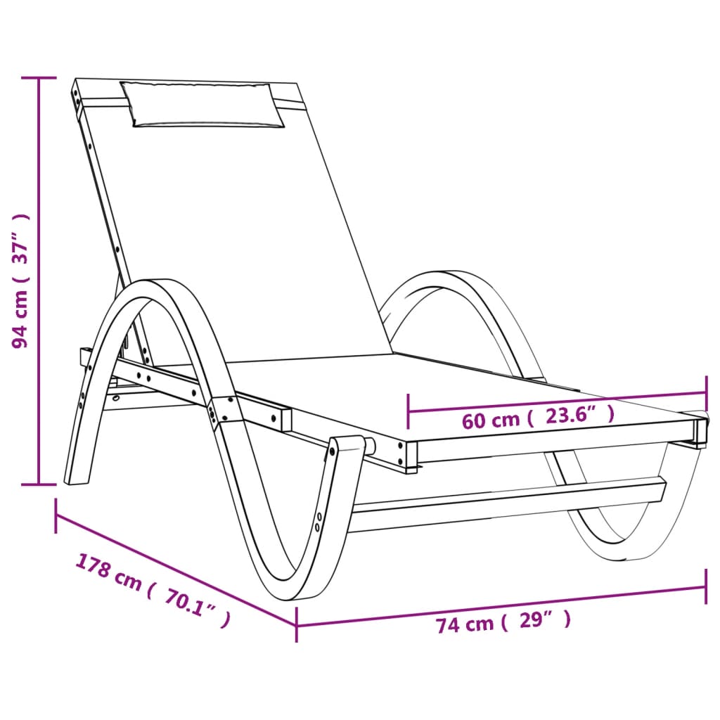 Sun lounger with cushion grey textilene and solid poplar wood