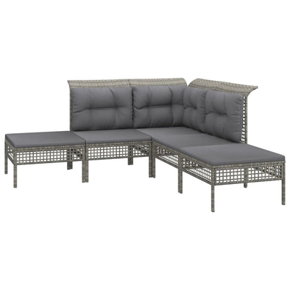 5-tlg. Garten-Lounge-Set mit Kissen Grau Poly Rattan