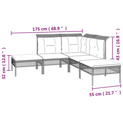 5-tlg. Garten-Lounge-Set mit Kissen Grau Poly Rattan