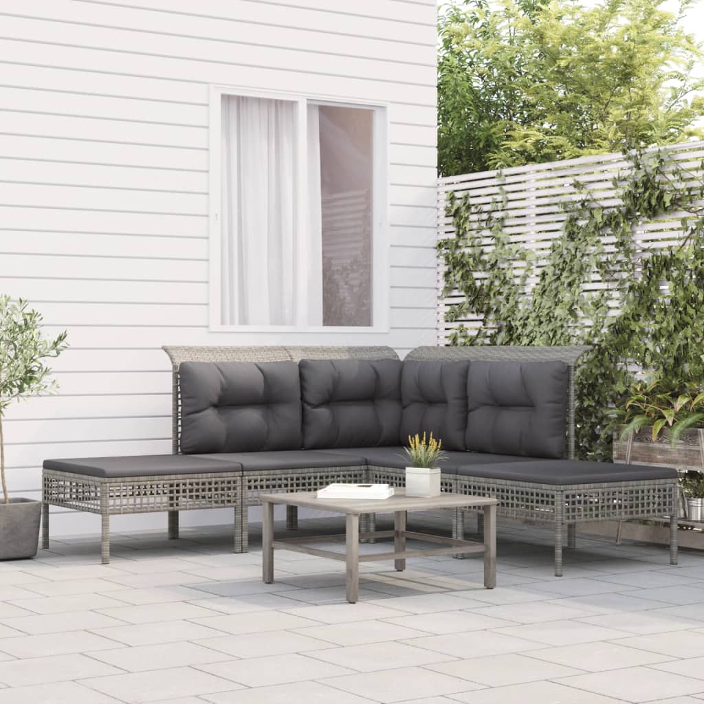 5-tlg. Garten-Lounge-Set mit Kissen Grau Poly Rattan