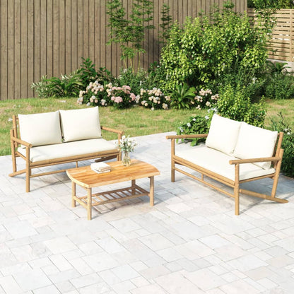 3-tlg. Garten-Lounge-Set mit Kissen Creme Bambus