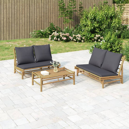 3-tlg. Garten-Lounge-Set mit Dunkelgrauen Kissen Bambus