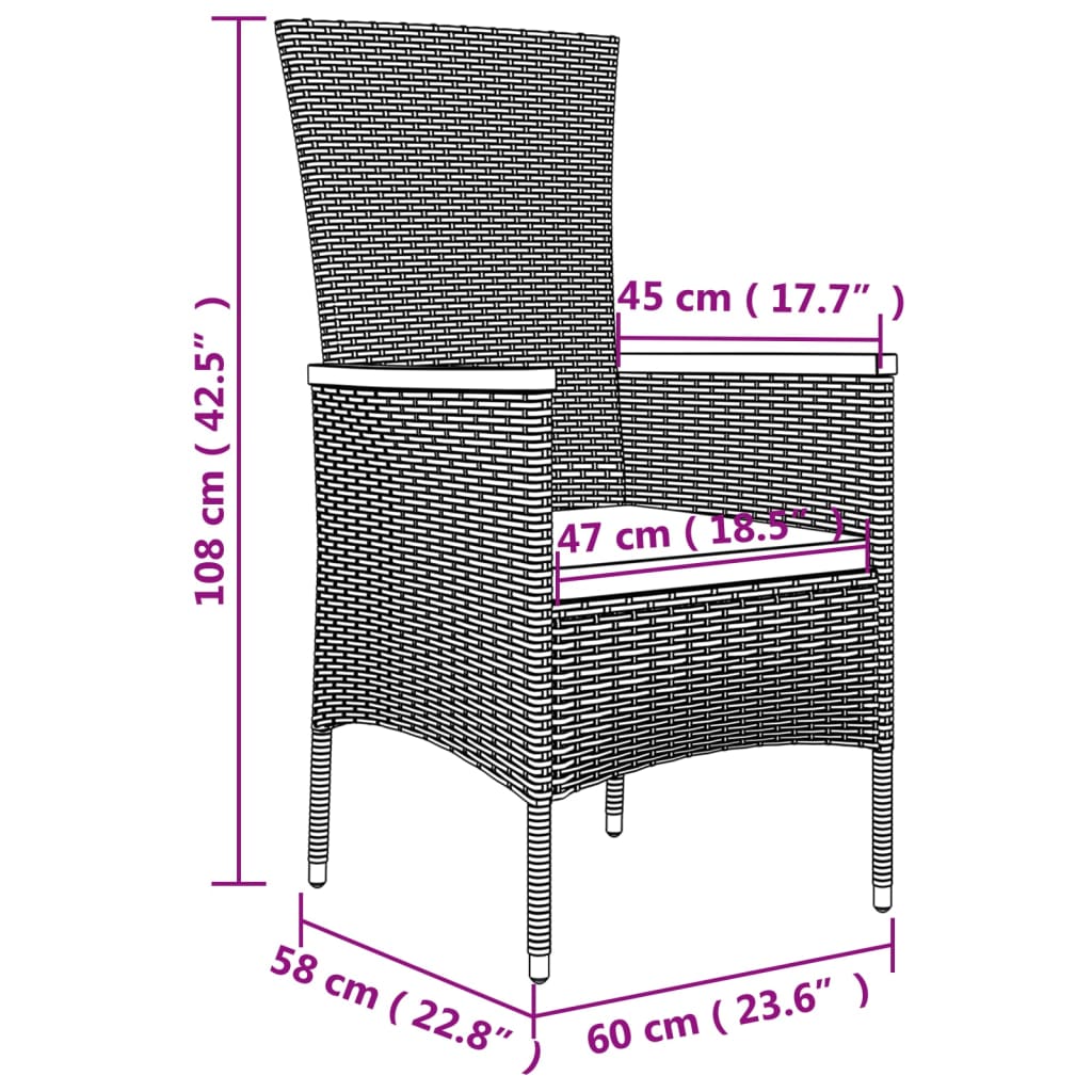 3-tlg. Garten-Essgruppe mit Kissen Schwarz Poly Rattan