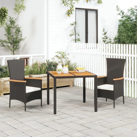 3-tlg. Garten-Essgruppe mit Kissen Schwarz Poly Rattan