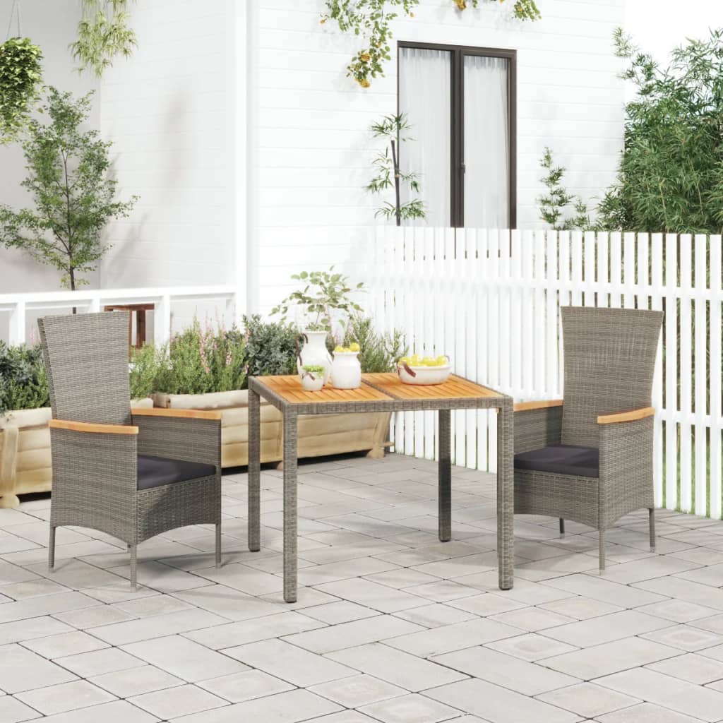 3-tlg. Garten-Essgruppe mit Kissen Grau Poly Rattan