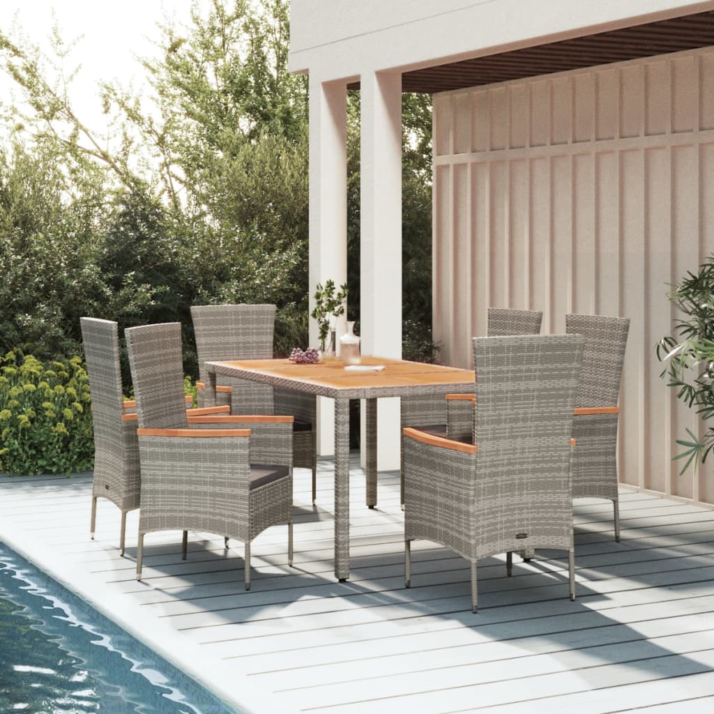 7-tlg. Garten-Essgruppe mit Kissen Grau Poly Rattan