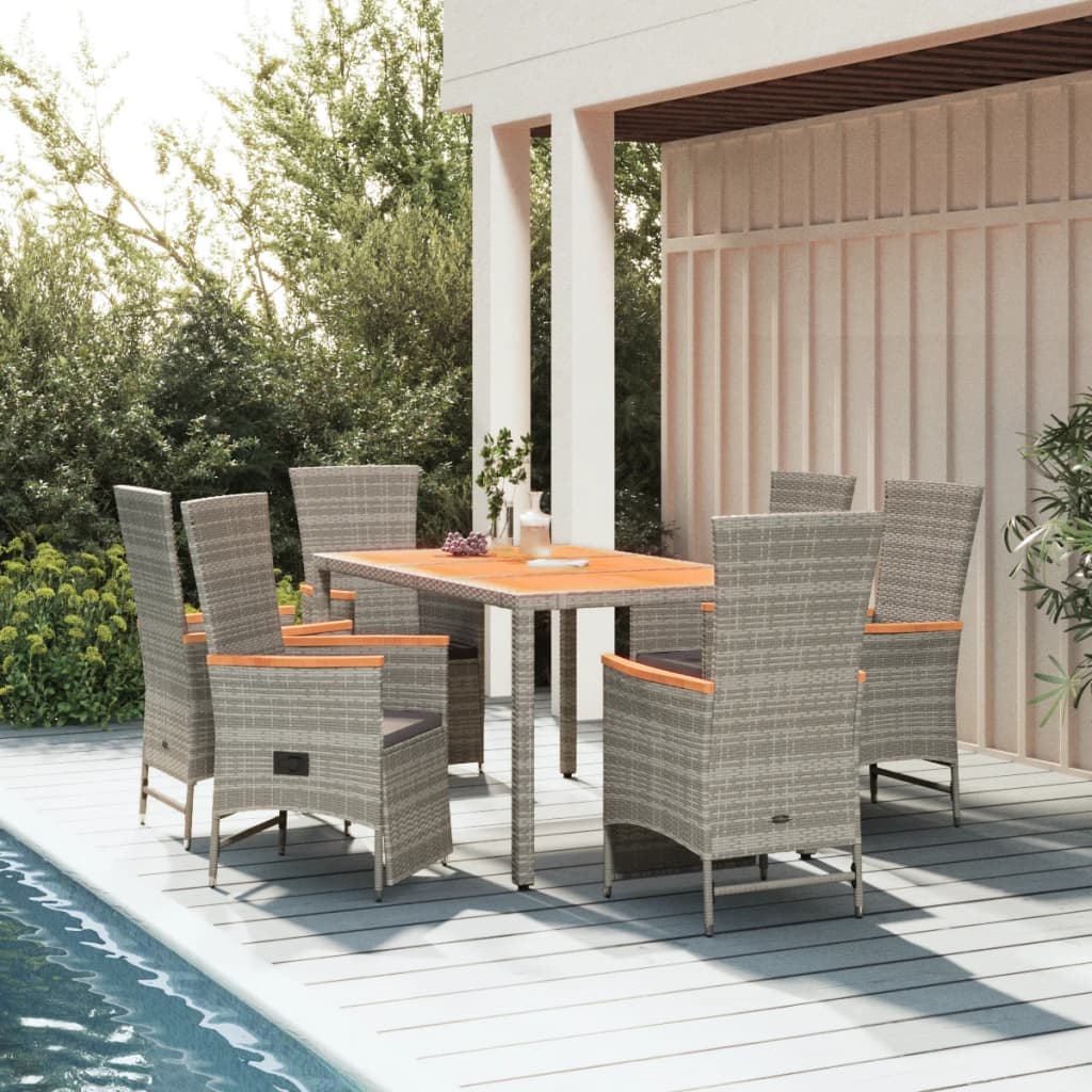 7-tlg. Garten-Essgruppe mit Kissen Grau Poly Rattan