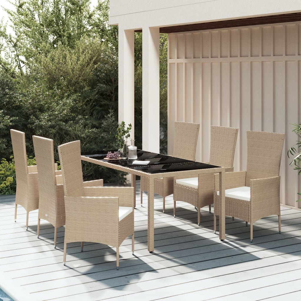 7-tlg. Garten-Essgruppe mit Kissen Beige Poly Rattan