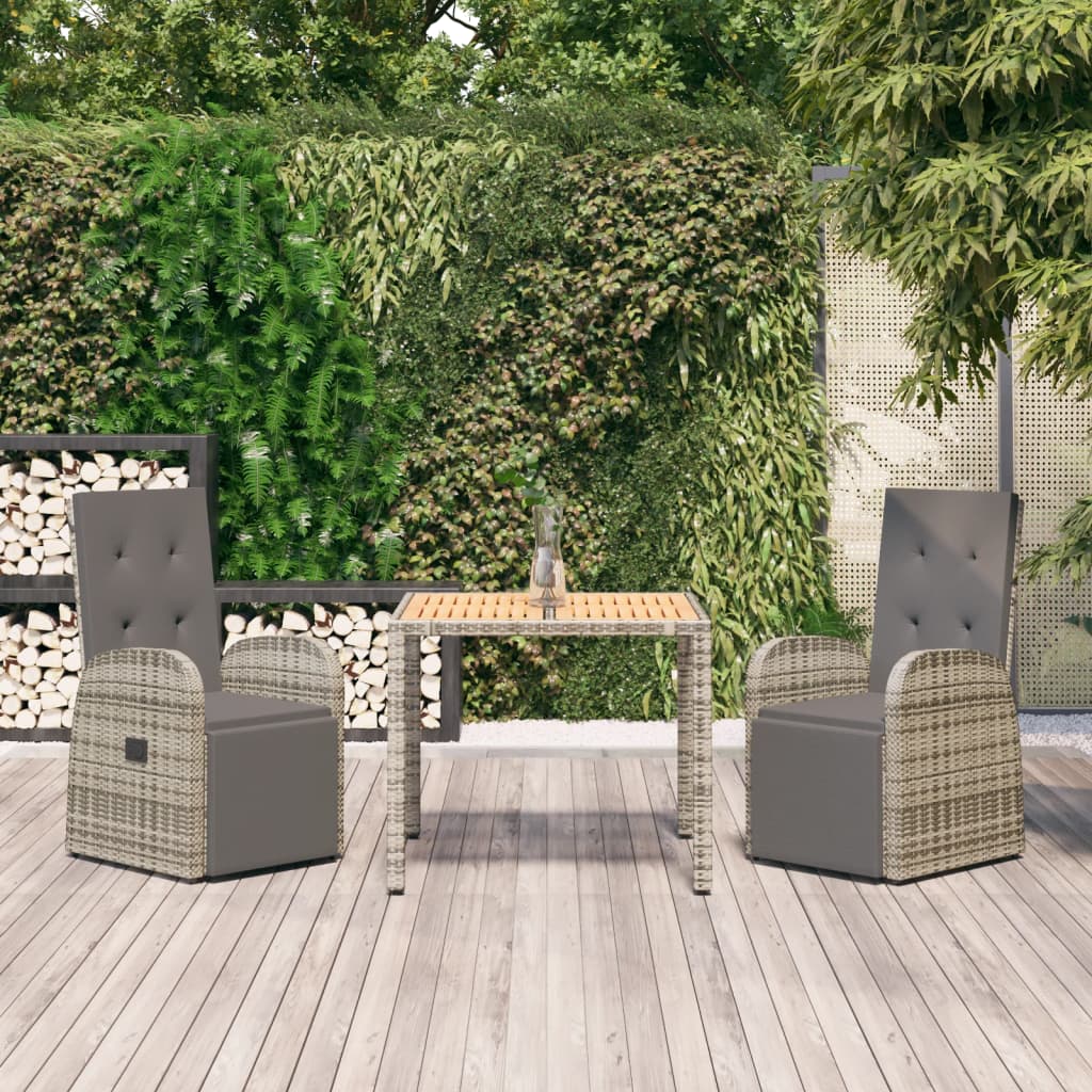 3-tlg. Garten-Essgruppe mit Kissen Grau Poly Rattan