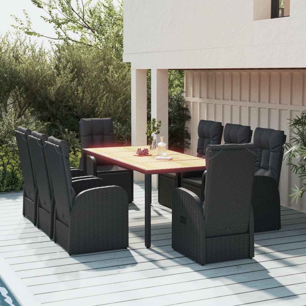 9-tlg. Garten-Essgruppe mit Kissen Schwarz Poly Rattan