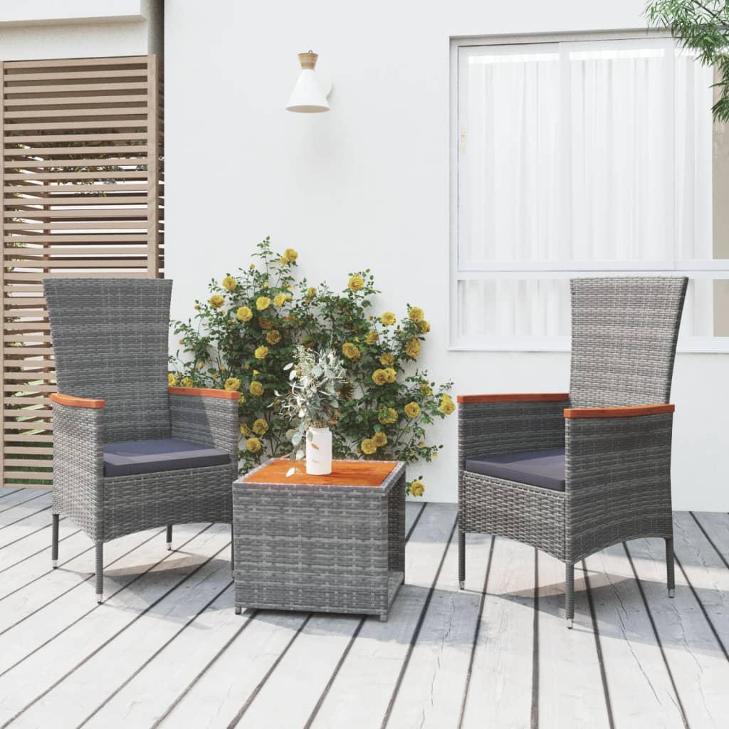 3-tlg. Garten-Lounge-Set Grau Poly Rattan & Massivholz Akazie