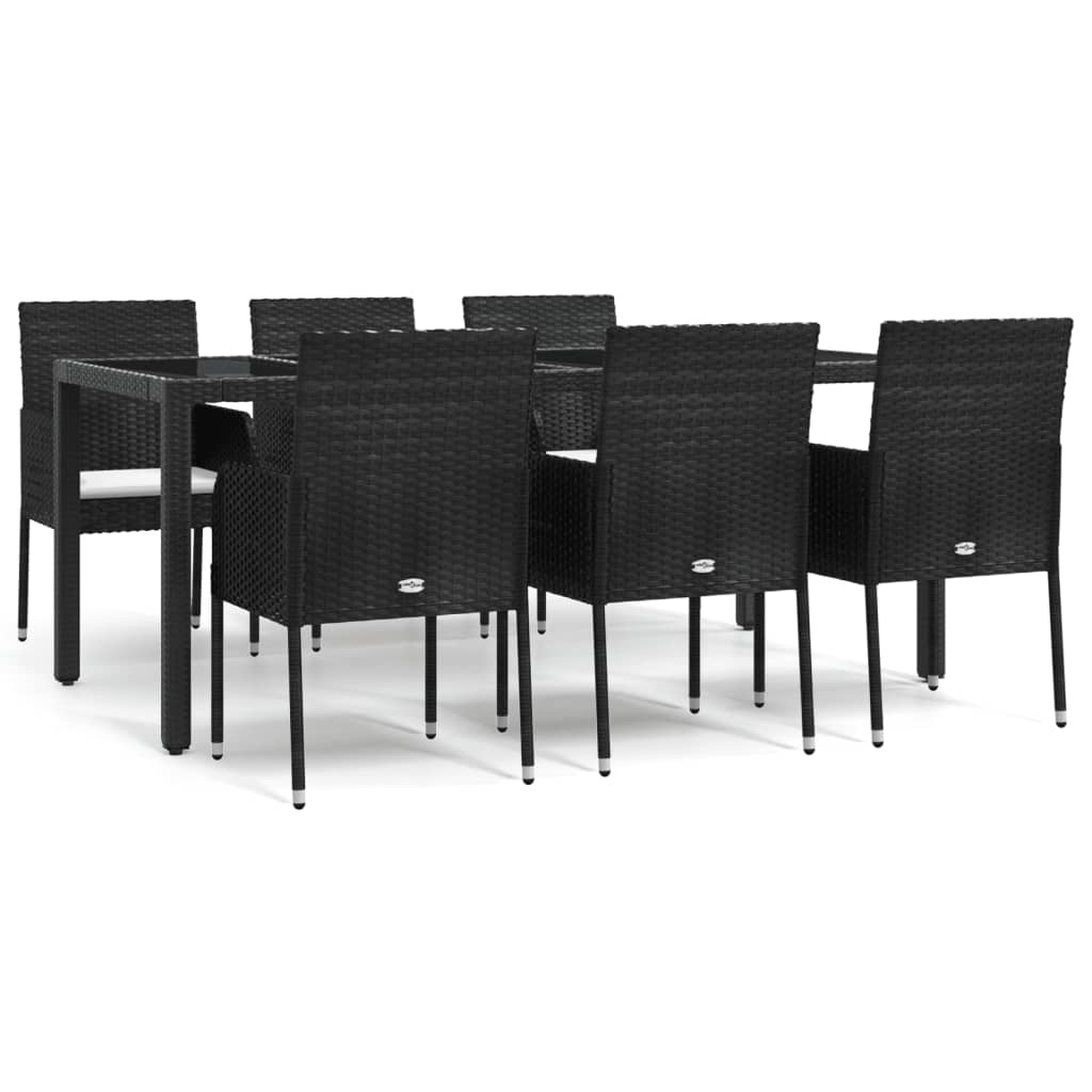 7-tlg. Garten-Essgruppe mit Kissen Schwarz Poly Rattan