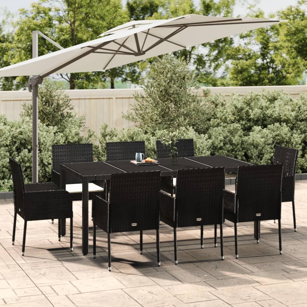 9-tlg. Garten-Essgruppe mit Kissen Schwarz Poly Rattan